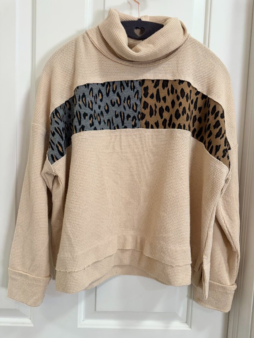 THML Leopard Colorblock Waffle Knit Cowl Neck Sweater S